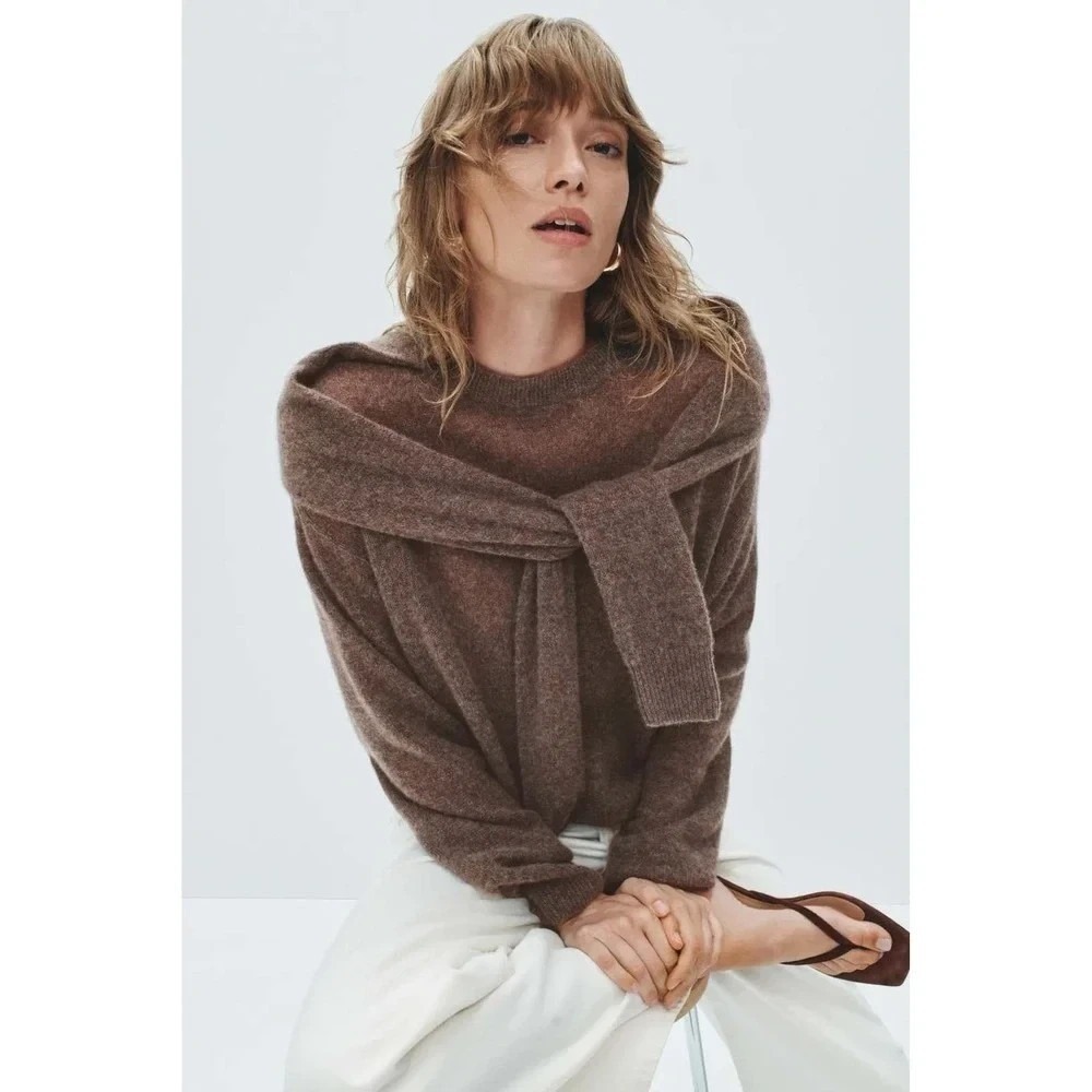Naadam The Collection Brown Cashmere Scarf Tie Sweater Womens Small